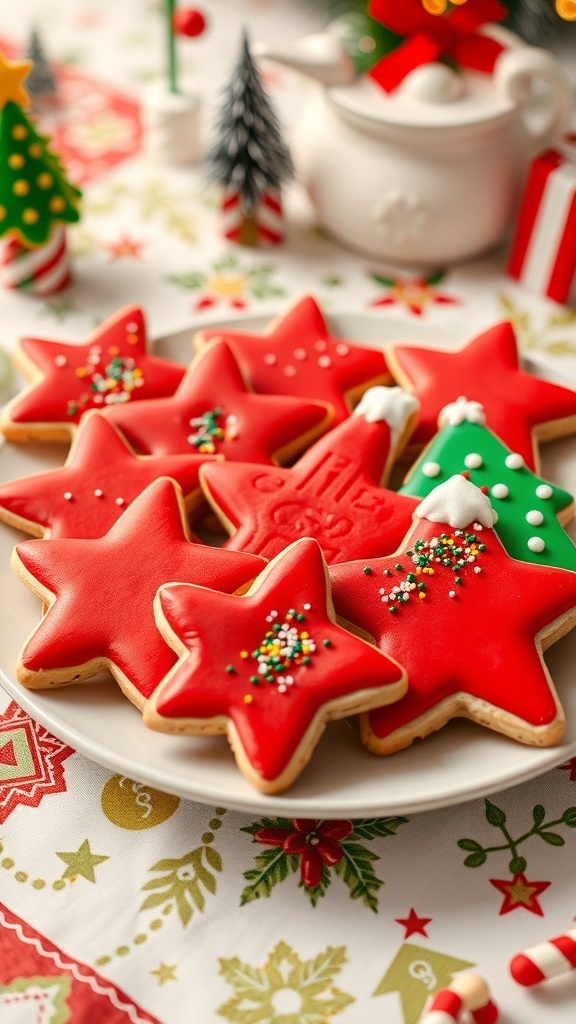 A festive plate of red Christmas sugar cookies decorated with icing and sprinkles.